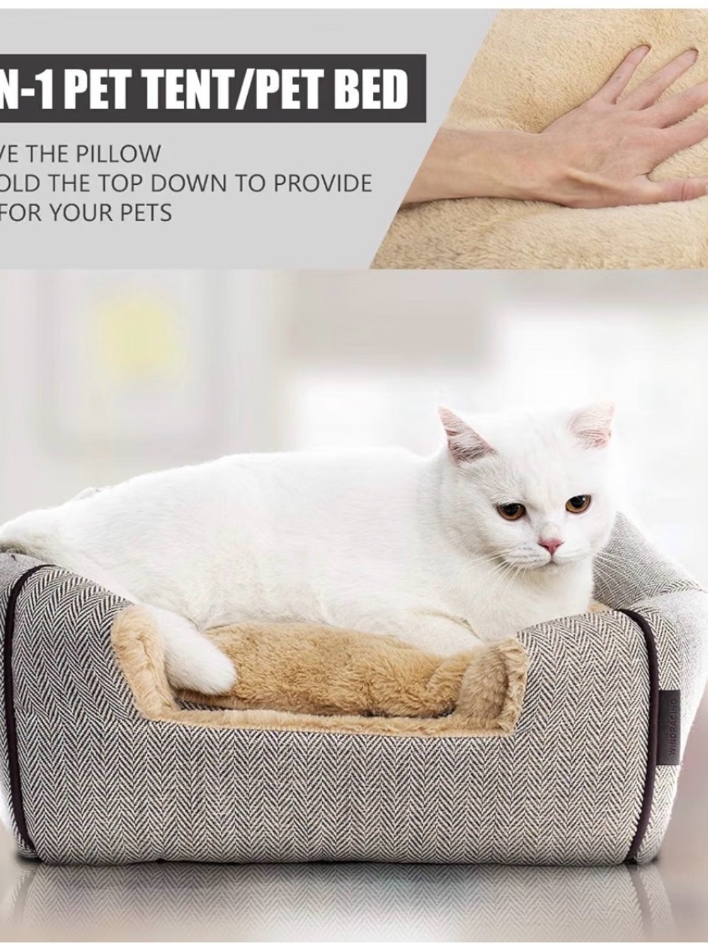 Soft Beige 2-in-1 Cat Bed & Tent - Plush Cozy Pet Bed